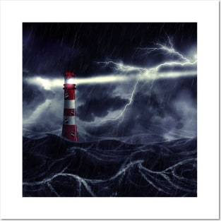 Lighthouse in the stormy sea digital illustration Posters and Art